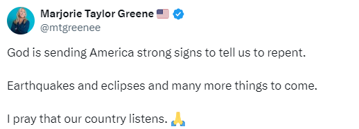 florianaigner's tweet photo. Die republikanische US-Abgeordnete Marjorie Taylor Greene deckt auf: Die Sonnenfinsternis in den USA ist ein Zeichen Gottes, der zur Buße mahnt.
Wir sind auf der Irrationalitätsskala noch rund 800 Millitrump von der Forderung entfernt, Jungfrauen zu opfern, für eine gute Ernte. https://t.co/TiGbogsFex