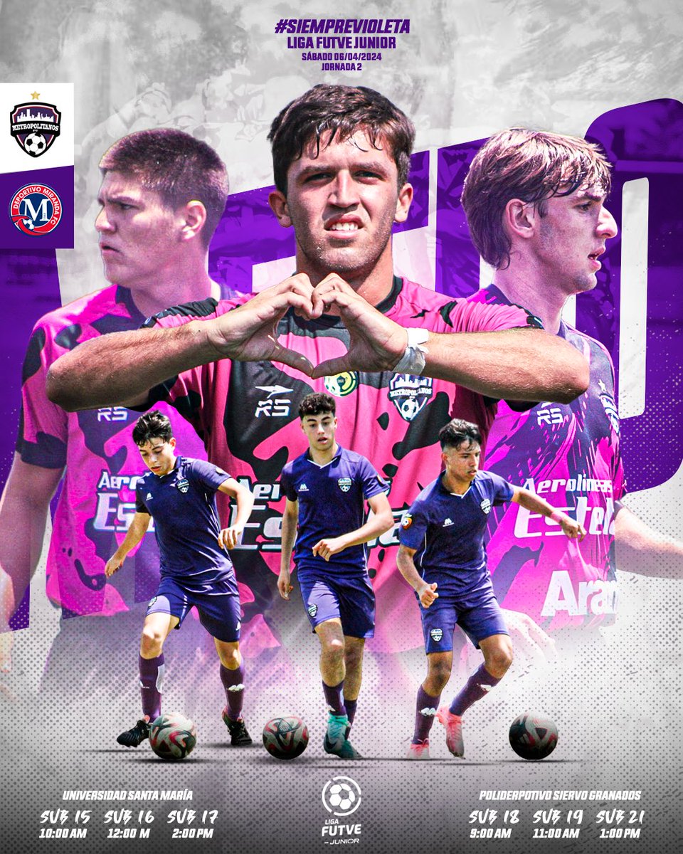 ¡𝑁𝑢𝑒𝑣𝑜 𝑟𝑒𝑡𝑜 𝑠𝑒 𝑎𝑝𝑟𝑜𝑥𝑖𝑚𝑎! 🟣

Segunda jornada de la Liga FUTVE Junior. 🏆

🆚 <a href="/CanteraMiranda/">Cantera Deportivo Miranda F.C.</a> 

𝙿𝚘𝚛 𝚗𝚞𝚎𝚜𝚝𝚛𝚘𝚜 𝚌𝚘𝚕𝚘𝚛𝚎𝚜 💜 | #SiempreVioleta

#LigaFUTVExMeridiano #ElFuturoDelFUTVE