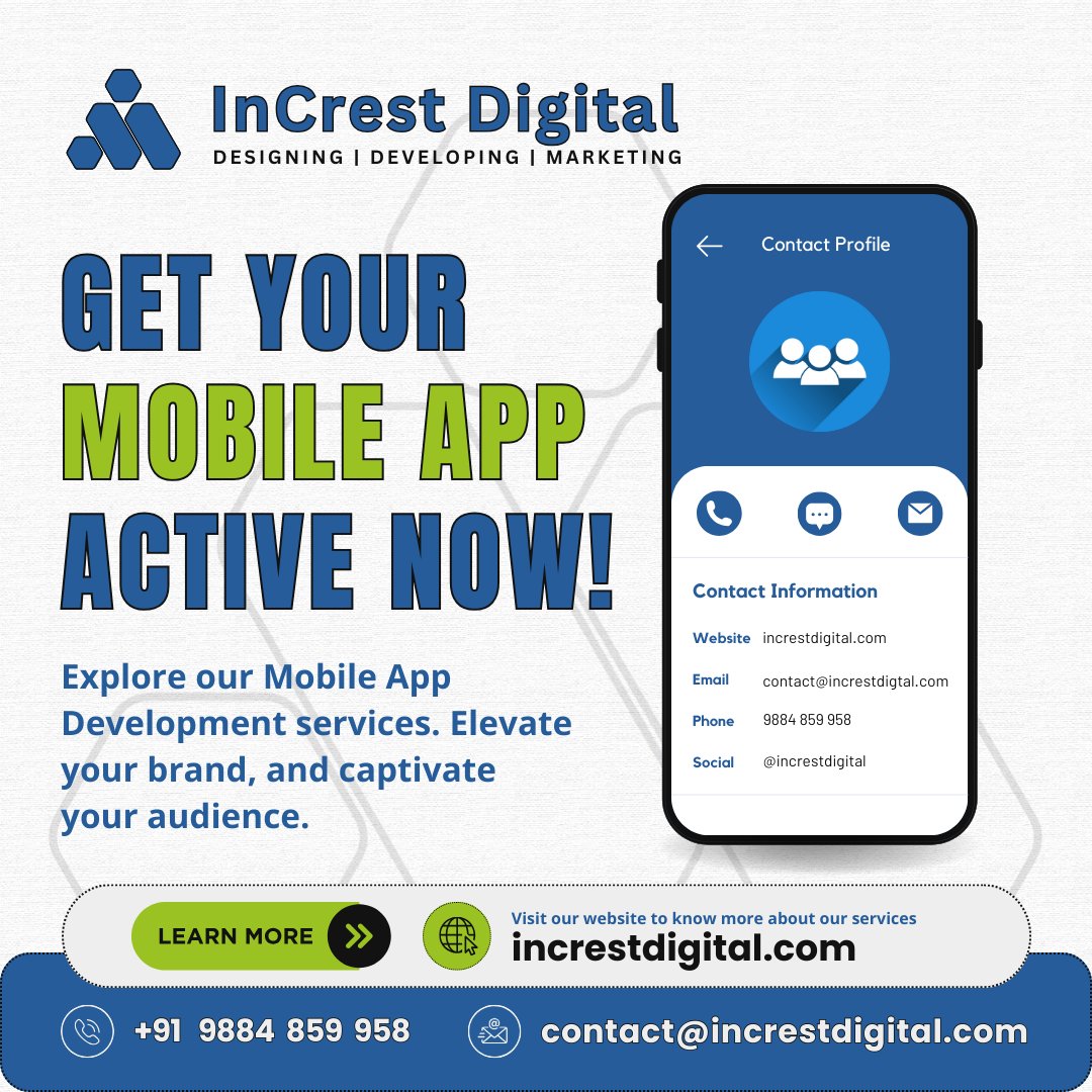 Transforming visions into seamless experiences! Explore our Mobile App Development services. Elevate your brand, and captivate your audience.

#InCresting #InCrestDigital #MobileApp #MobileAppDevelopment #AppDevelopment #AndroidApp #iOSApp