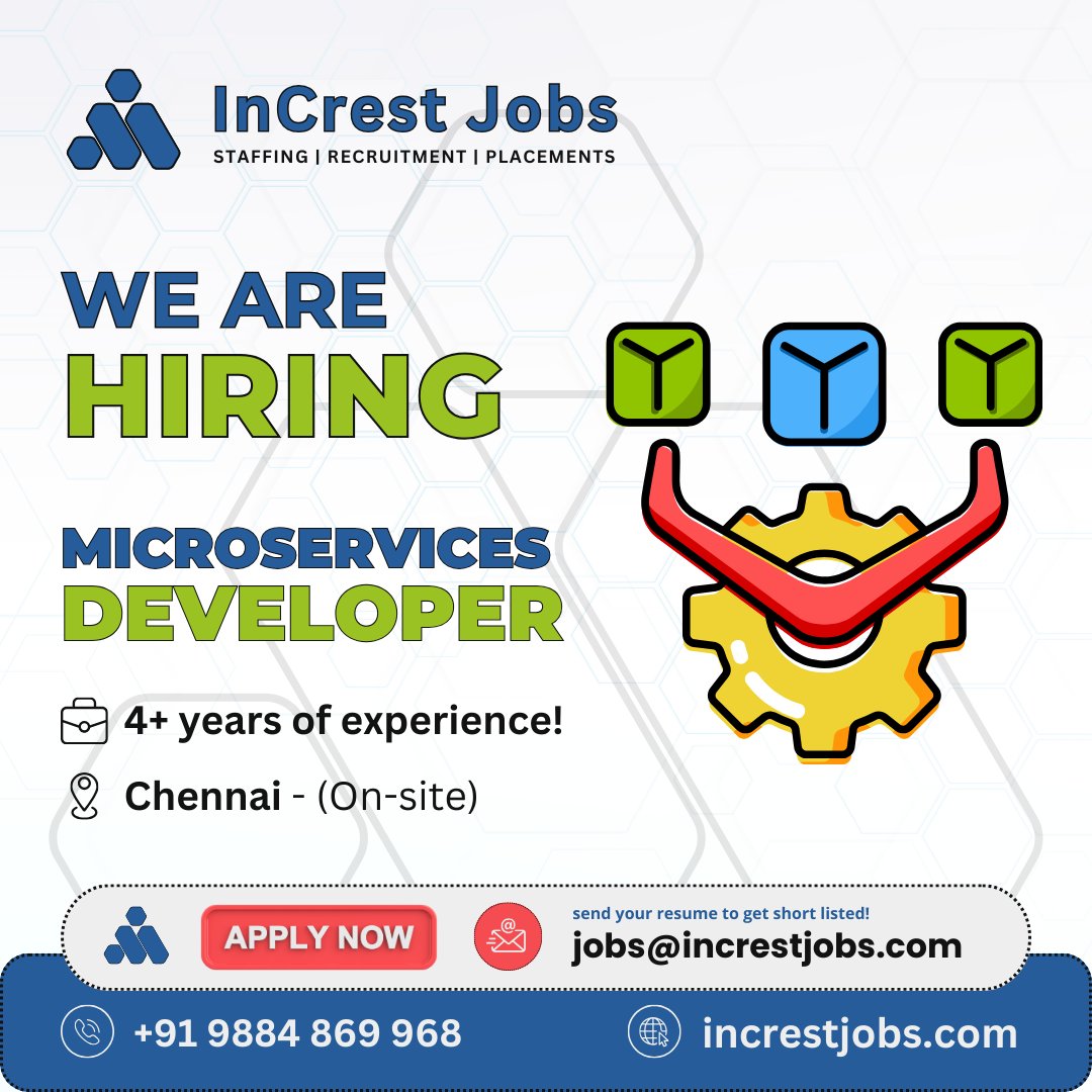 We are hiring a Microservices Developer to architect scalable solutions and drive innovation in our tech stack. send your resume to jobs@increstjobs.com #InCresting #InCrestJobs #MicroservicesDeveloper #TechTalent #DeveloperJobs #HiringNow #ApplyToday