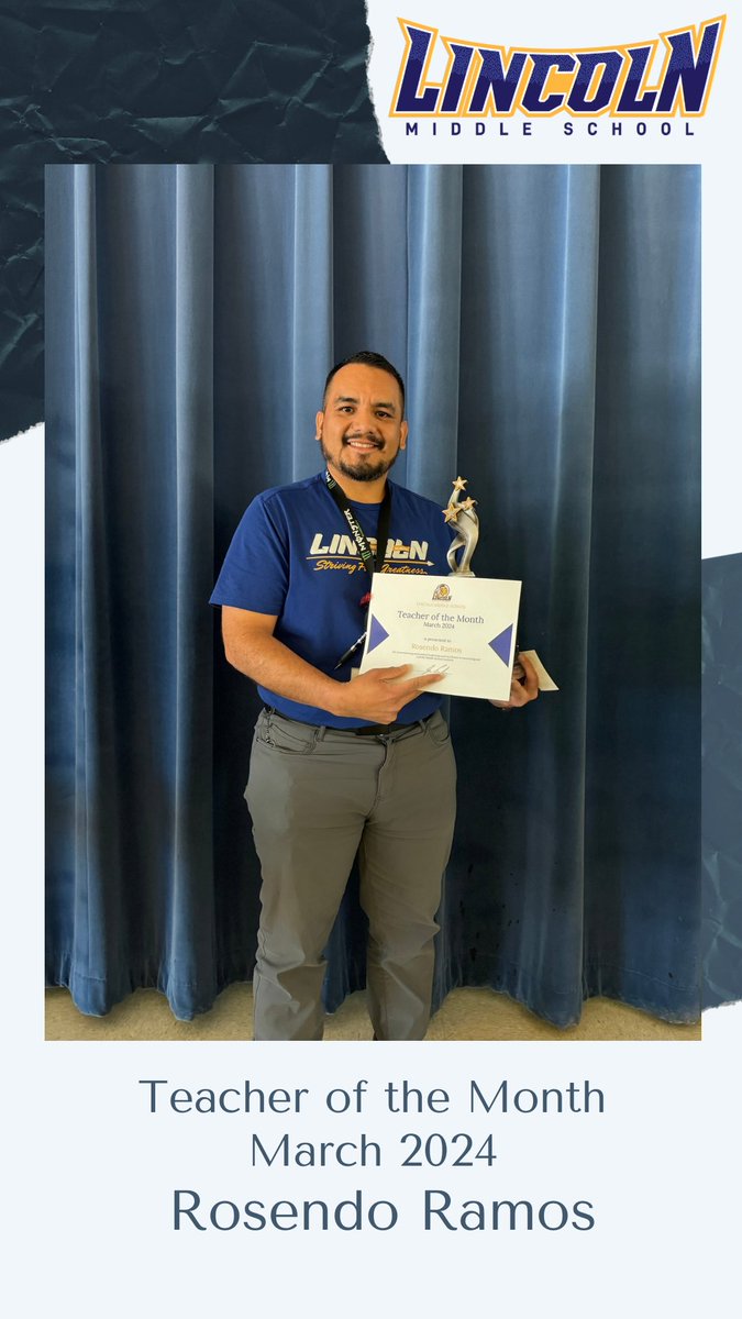 Congratulations to our March Teacher of the Month, Mr. Ramos. Mr. Ramos teaches Mariachi to our students. #StrivingForGreatness
