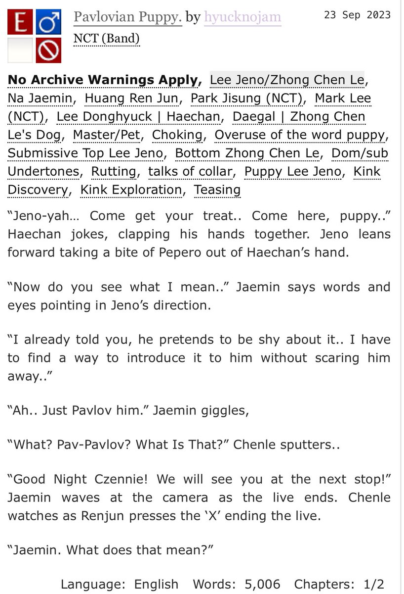 hyucknojam's tweet photo. 🐶Pavlovian Puppy.🐶 

🐾Jenle 
🐾pet play 
🐾Chaptered fic, 1/2 , 5.1k
🐾written for @jenleficfest ! 

✒️link below🖋️ https://t.co/PC1DeeGPPo