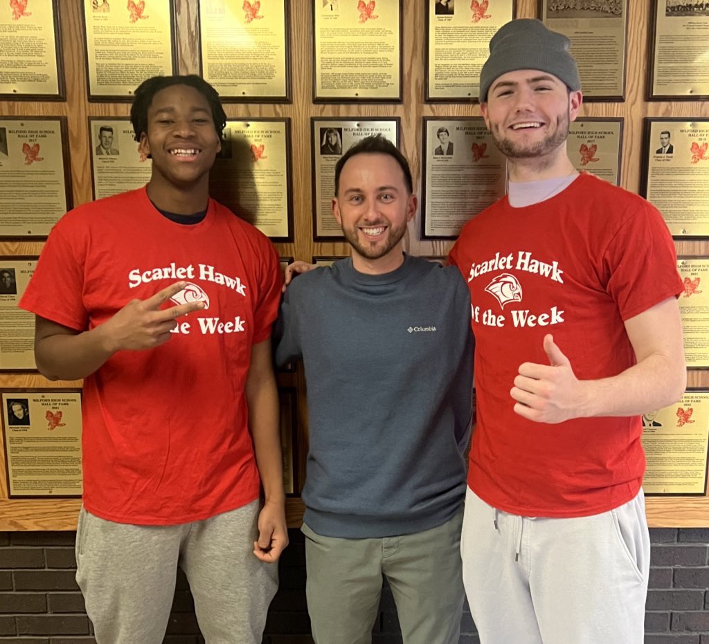 HawkNationAD's tweet photo. Milford’s SHOWs (Scarlet Hawk Of the Week) VB players Ryan Franklin &amp; Joey Newman, w/ Coach Mainini!$!  Relentlessly Pursuing Excellence!$!#%! 🙌🏐❤️‍🔥🏆 @jcotlin @MilfordSchools @HockomockSports @Chappy8611 @LauriePinto5 @HawkNationAT @MHSBoosters2 @HawksMilford https://t.co/FXftLcxSbr