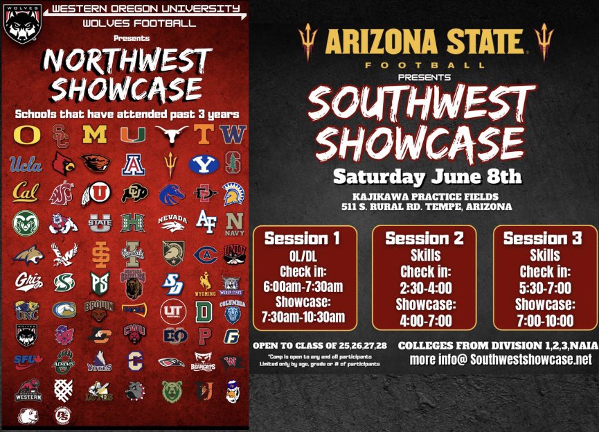 2 Great Opportunities to compete in front of: ✅College Coaches ✅Head Coaches ✅Local and National media Northwest Showcase 🗓️June 1st 📍Western Oregon University🐺 💻Northwestshowcase.net Southwest Showcase 🗓️June 8th 📍Arizona State University🔱 💻Southwestshowcase.net