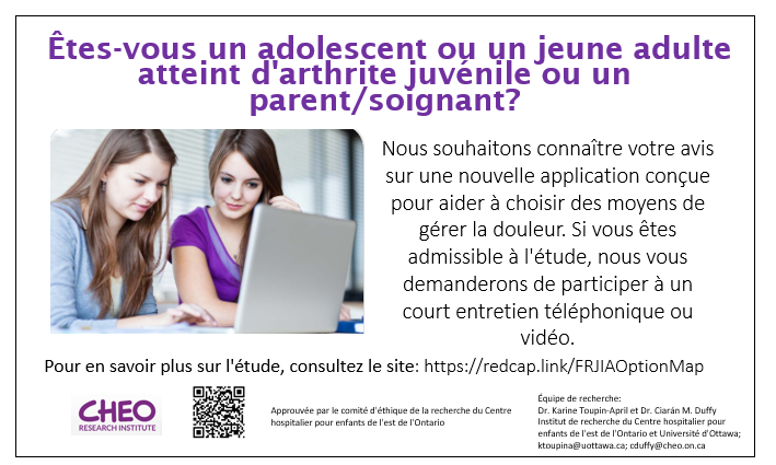 Ressentez-vous de la douleur même si vous prenez desmédicaments contre l'arthrite ? Voulez-vous trouver des moyens de gérer votre douleur qui vous conviennent ? Pour en savoir plus sur l'étude, consultez le site: redcap.link/FRJIAOptionMap @SavoirMontfort @CHEO @AffairesU