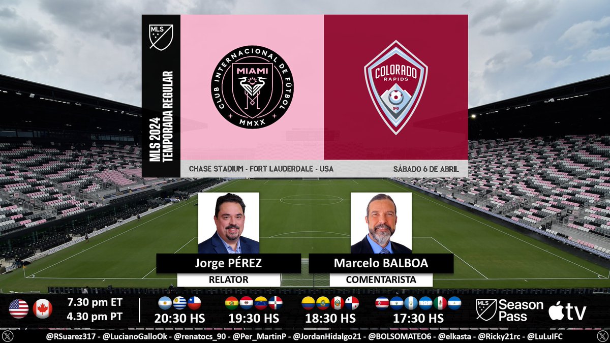 ⚽ #MLS 🇺🇸 | #InterMiamiCF vs. #ColoradoRapids 🎙 Relator: @jpereznavarro 🎙 Comentarista: @marcelobalboa17 💻📱 MLS Season Pass en @AppleTV 🤳 #MLSSeasonPass - #Messi - #MIAvCOL Dale RT 🔃