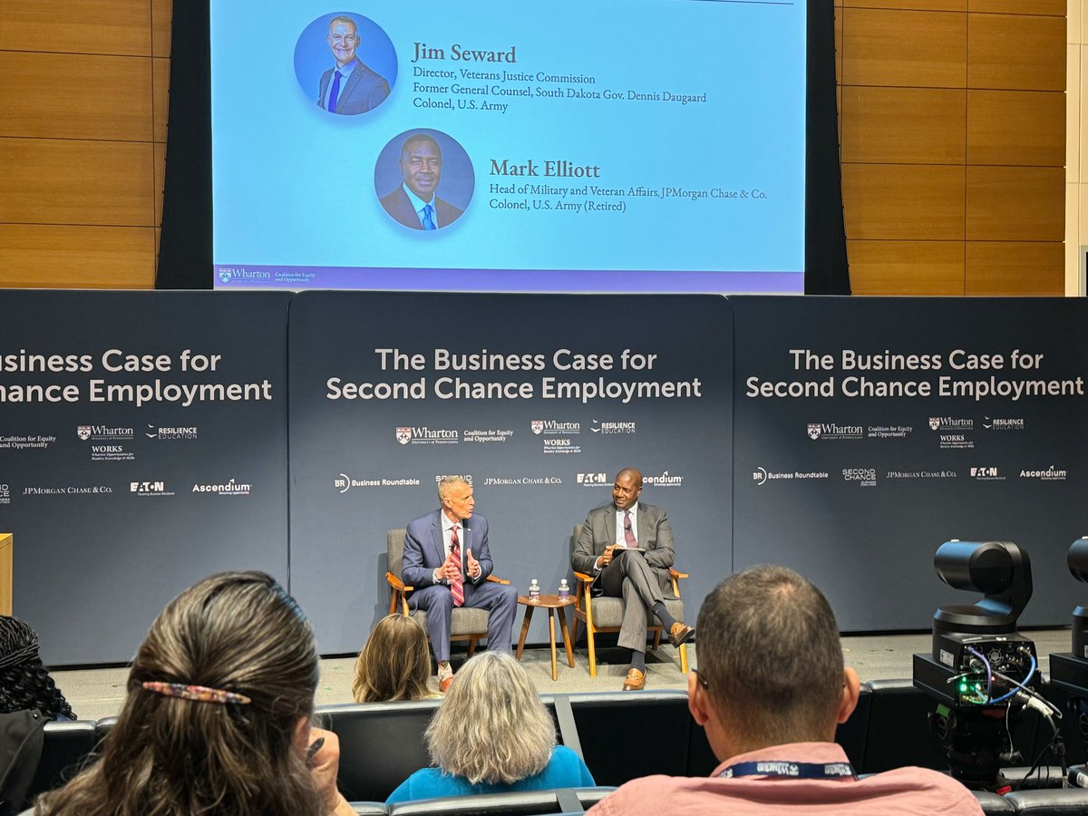 CCJ’s Dir. of the Veterans Justice Commission @jimdseward spoke alongside Mark Elliott from @jpmorgan on a panel at The Business Case for Second Chance Employment Conference at @Wharton regarding the importance of second chance employment, particularly for veterans upon reentry.