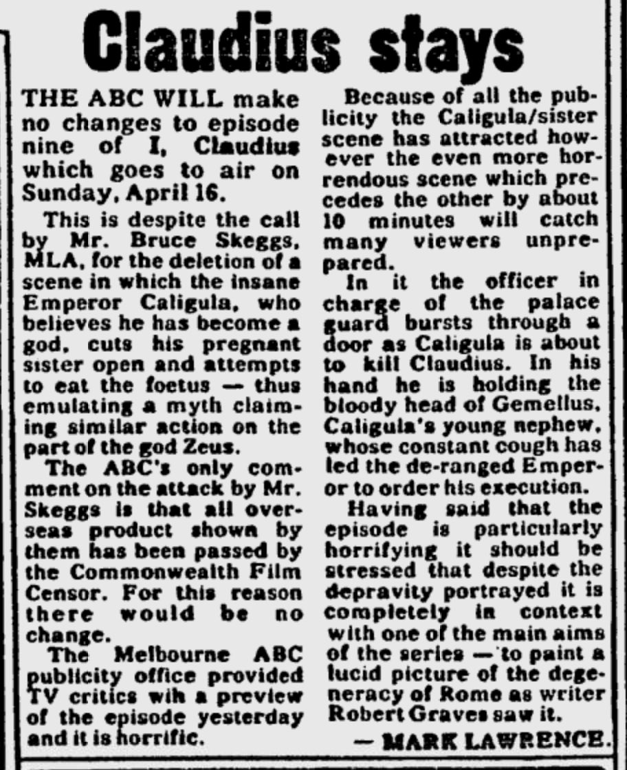 Servo1968's tweet photo. 46 years ago today this article appeared in the Melbourne Age regarding the I Claudius episode Zeus by Jove. It’s always been a matter of conjecture if Australia received the original UK print of the episode. This article seems to indicate we did. https://t.co/cYOdVPmL1U