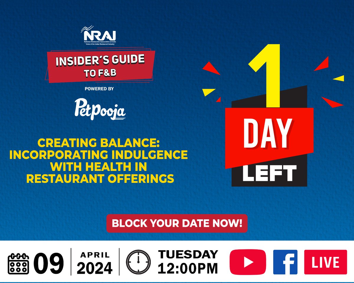 Only 1 day to go! Join NRAI for our upcoming event, 'Creating Balance: Incorporating Indulgence with Health in Restaurant Offerings', powered by Petpooja. Tune in live on April 9th, 2024, Tuesday, starting at 12 PM on Facebook and YouTube. RSVP now: nraiofficial.site