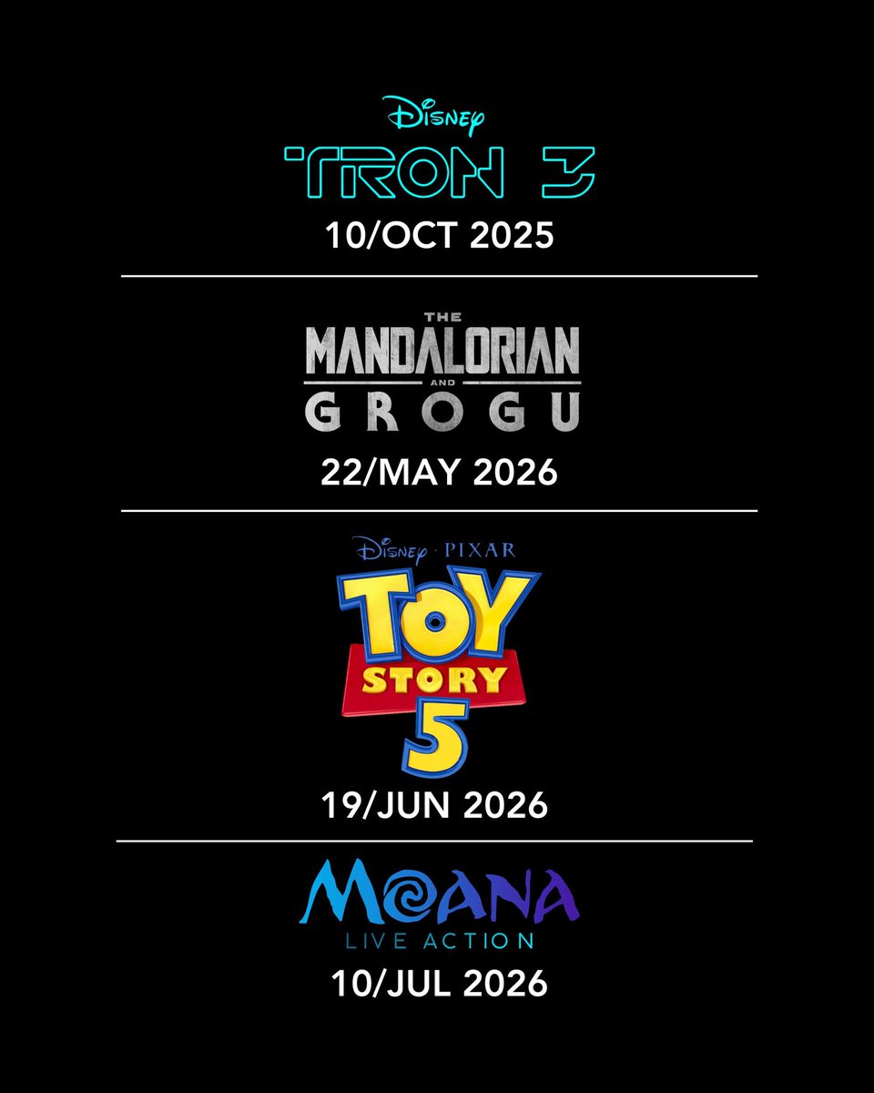 Disney confirma la fecha de estreno en cines de #ToyStory5 para el 19 de Junio del 2026, así como las películas de #Moana, #Tron3 y una nueva película de #StarWars #TheMandalorianAndGrogu para los años 2025 y 2026.