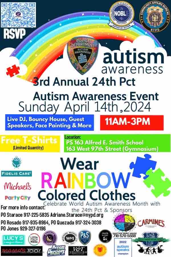 Mark your calendars! 🌟 The 24th Precinct’s 3rd Annual Autism Awareness Event is on April 14, 2024. Wear your rainbow colors to show support. Details in the flyer below. 🌈 Let’s celebrate inclusivity together! #AutismAwareness #NYPD