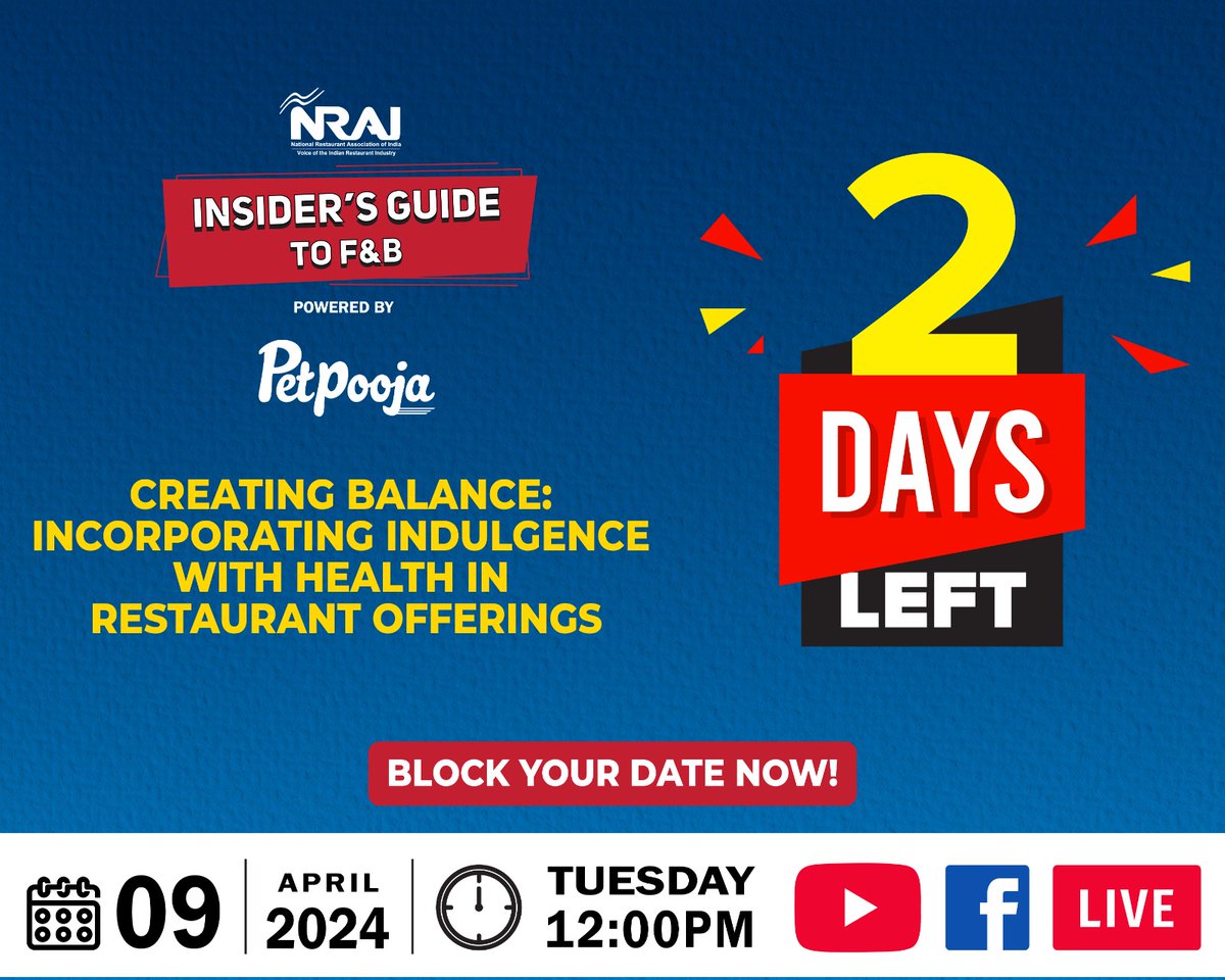 Only 2 days to go! Join NRAI for our upcoming event, 'Creating Balance: Incorporating Indulgence with Health in Restaurant Offerings', powered by Petpooja. Tune in live on April 9th, 2024, Tuesday, starting at 12 PM on Facebook and YouTube. RSVP now: nraiofficial.site