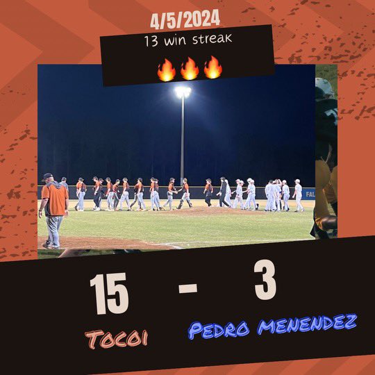 Toros win their 13th in a row and improve to 14-2 over Menendez 15-3. Ben Robinson 3-3 2B Jackson Sizemore 2-4 2B, 2 RBI Mikey Bergamo 2-3 2B 4 RBIs Chase Pate 1-3 2B 3 RBI Back at it Monday at Ponte Vedra at 6:30. @CFreemanJAX @JustinBarneyTV @BrentASJax