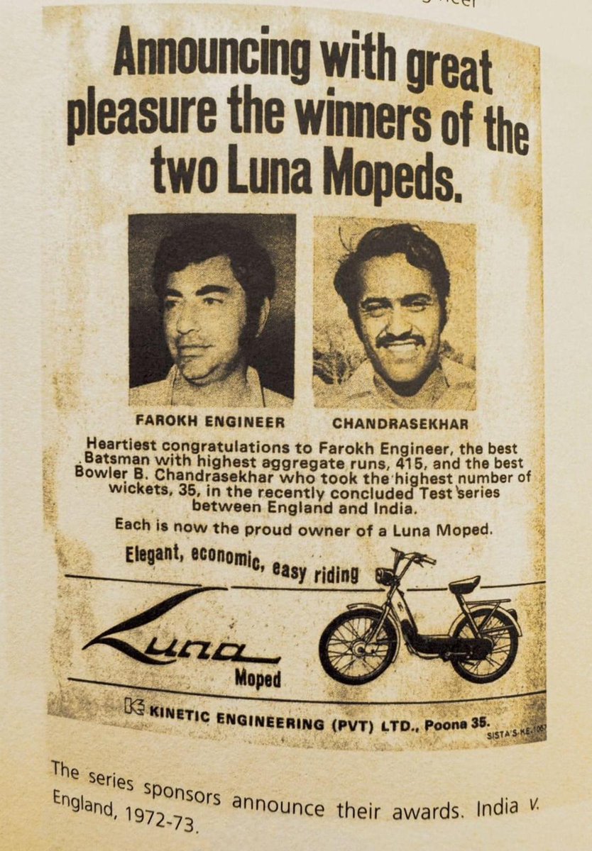 Two GOATS being awarded Luna Mopeds for their superb performance in the 1973 India - England test series. Those were the days, when all India was glued to the transistor.