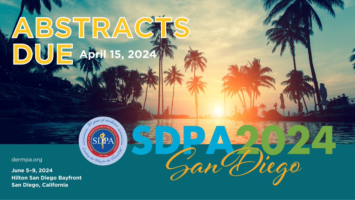 SDPA is accepting abstract submissions for #dermPAsummer in San Diego, June 5-9, 2024. Share your research with the DermPA™ community by submitting your abstract here: tinyurl.com/22rd6yfa The deadline is April 15, 2024. #DermPAsforDermPAs