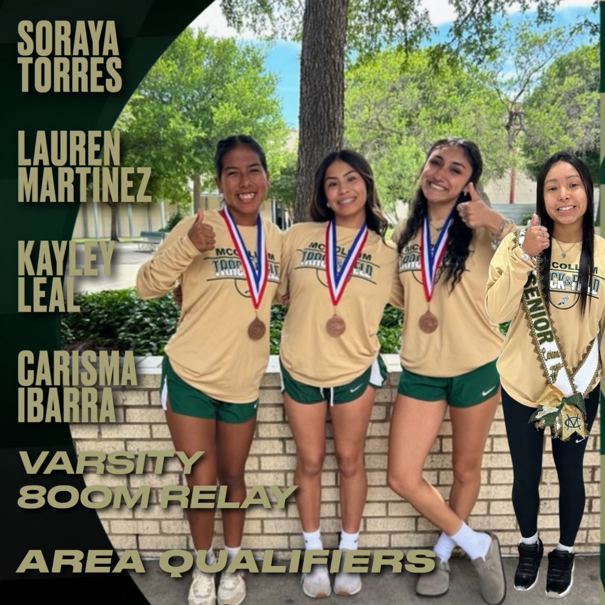 Congratulations to Soraya Torres, Lauren Martinez, Kayley Leal, and Carisma Ibarra for advancing to the Area Track Meet in the 800m relay!