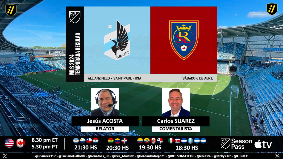 #MLS 🇺🇸 | #MNUFC vs. #RSL 🎙 Relator: @jesuseacosta 🎙 Comentarista: @CarlitosSuarez 💻📱 MLS Season Pass en @AppleTV 🤳 #MLSSeasonPass - #MINvRSL Dale RT 🔃