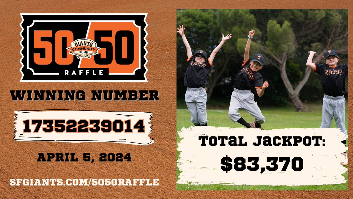 Here is the winning number from today's @SFGiants home opener. Thank you to all that supported our 50/50 raffle! Please email 5050raffle@sfgiants.com if you have the winning number.