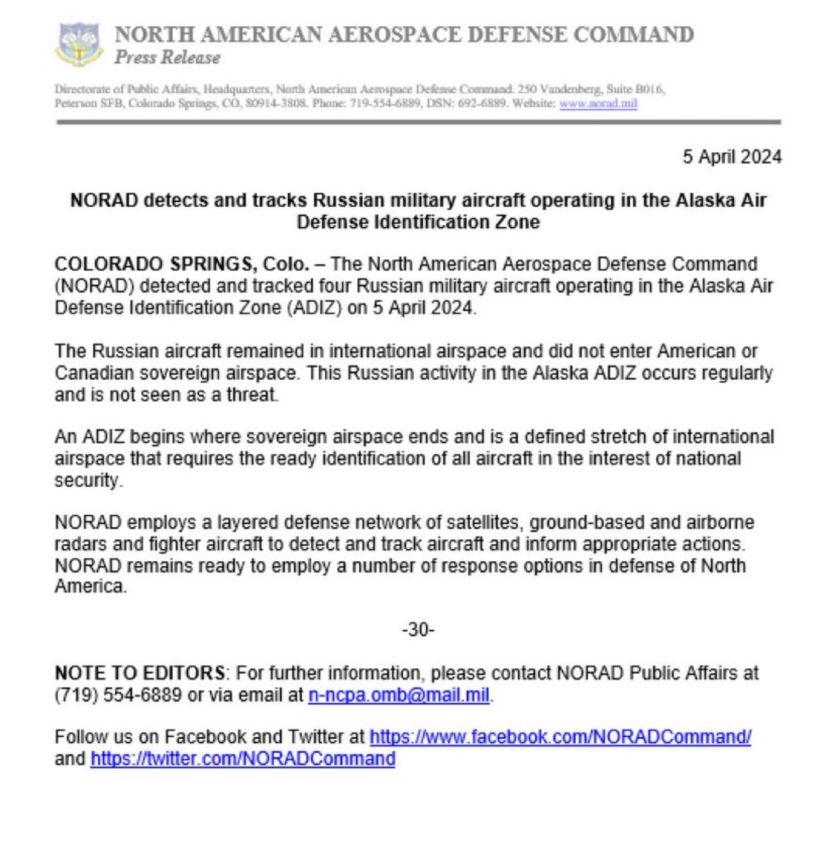 🇺🇸 | ÚLTIMA HORA: El Comando de Defensa Aeroespacial de Norteamérica (NORAD), ha detectado aviones militares rusos operando en la Zona de Identificación de Defensa Aérea de Alaska.