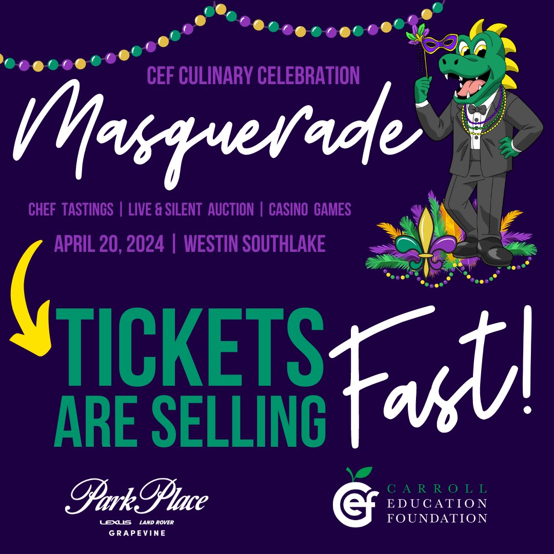 Join us at CEF Culinary Celebration's Masquerade on April 20, 2024, as we let the good times roll with a night of fabulous live and silent auctions, delectable delights from 18+ Southlake restaurants, gambling, and more! 

⁠carrolleducationfoundation.ejoinme.org/2024reg 
⁠
#WeFundTeachers ⁠