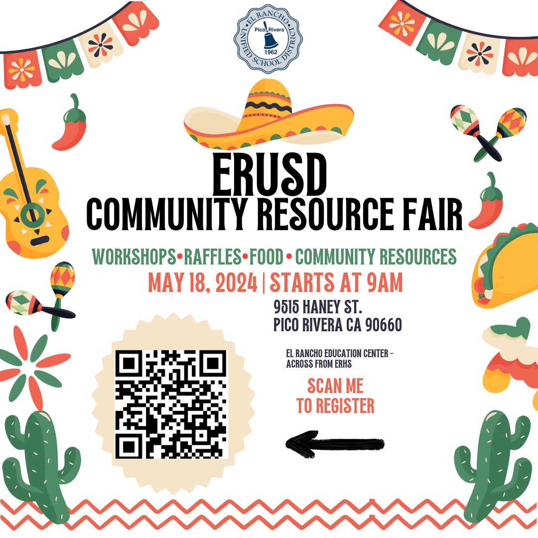 🎉 Get ready for a day filled with workshops, raffles, food, entertainment &amp; community resources at the El Rancho USD Community Resource Fair on Saturday, May 18th starting at 9am! Don't miss out on this amazing event - see you there! 🌟 #CommunityStrong #ERUSDfair