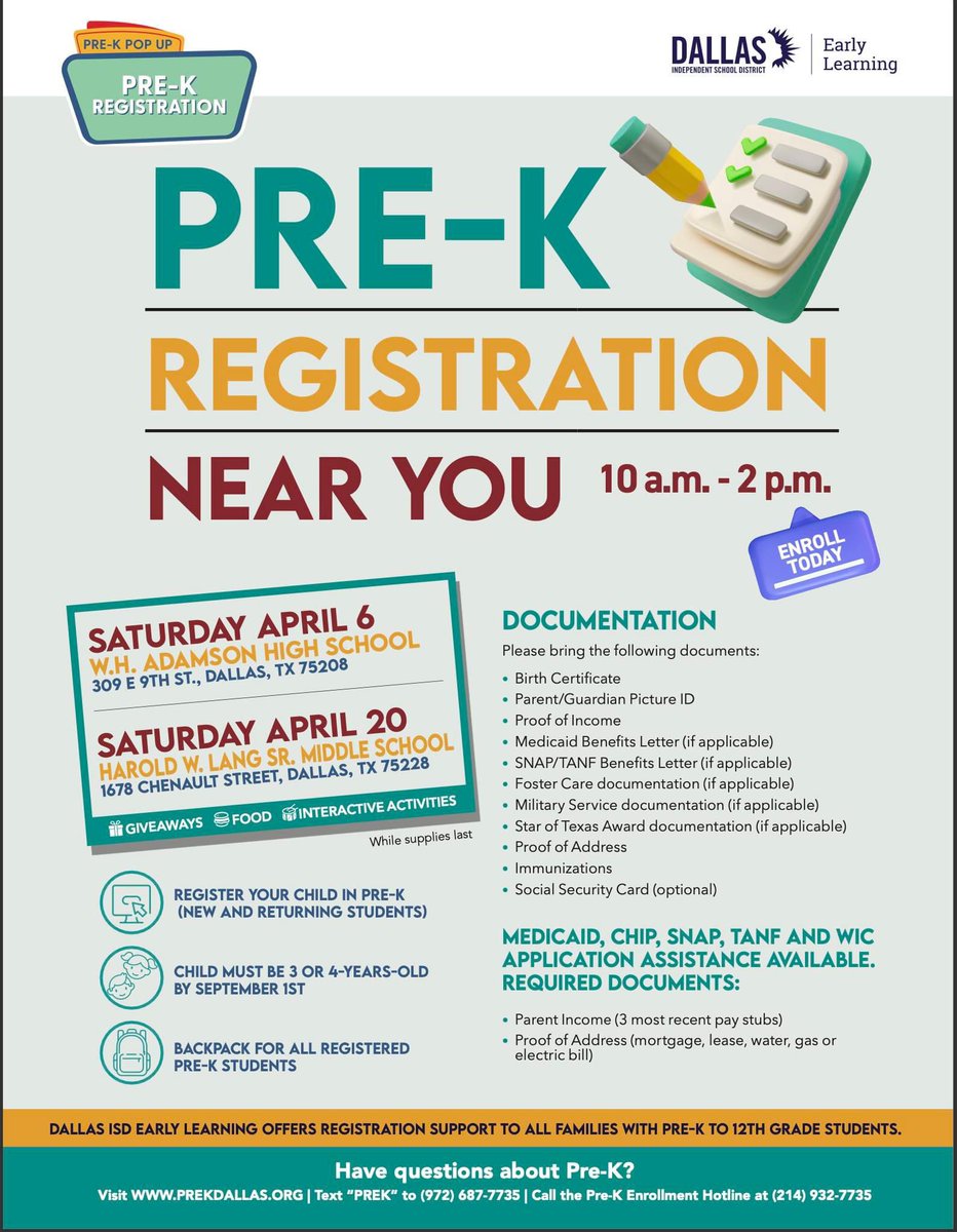 QuintanillaDISD's tweet photo. 📚Join us this Saturday to register your students for pre-K! 🏫✨

🗓️ April 6
🕙 10 a.m. - 2 p.m.
📍W.H. Adamson High School, 309 E 9th St., Dallas, TX 75208 https://t.co/5FndDL9Vb8