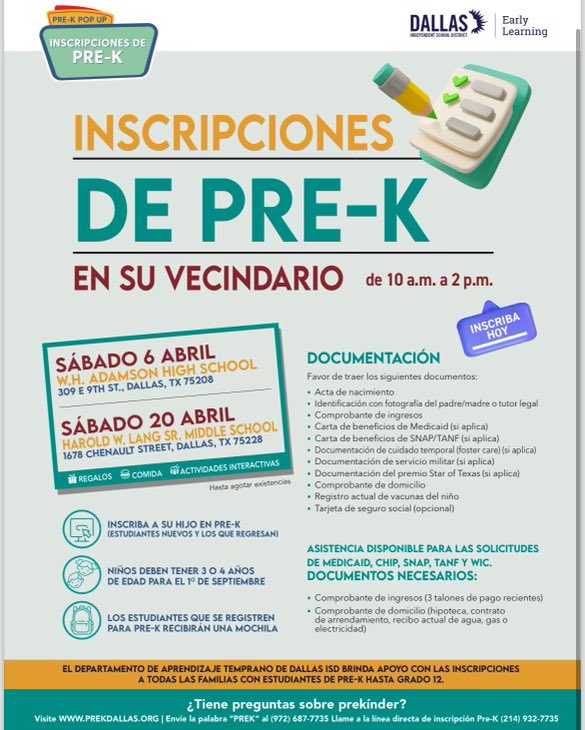 QuintanillaDISD's tweet photo. 📚Join us this Saturday to register your students for pre-K! 🏫✨

🗓️ April 6
🕙 10 a.m. - 2 p.m.
📍W.H. Adamson High School, 309 E 9th St., Dallas, TX 75208 https://t.co/5FndDL9Vb8