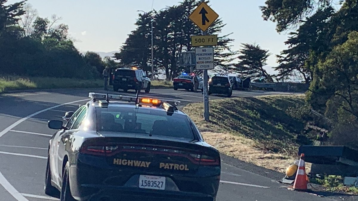 On-ramp to EB 80 at Ashby in Berkeley shut down after 911 caller reported FREEWAY SHOOTING. Victim in crashed silver Toyota Camry rushed to hospital. Condition unknown. CHP officer seen collecting bullet casing nearby. Awaiting further details. @KTVU