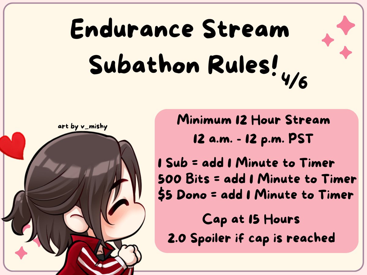 Hello everyone, here are the rules for the Endurance Stream mini-subathon I'm doing tomorrow🥳 I'm a little nervous since I've never streamed for this long before, but there's a first for everything right? Hope to see you guys there😊🫶 🎨: @/v_mishy