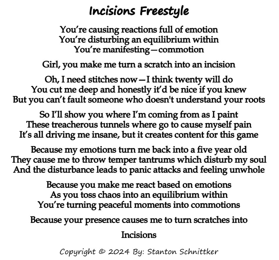 Incisions Freestyle
Freestyle Friday #103

-

#incision #freestyle #friday #FreestyleFriday #art #artist #writer #writing #poetry #poet #poets #poems #poem #author #selfhelp #selfimprovement #selfcare #emotional #EmotionalIntelligence #PoemADay #poetrylovers #poetrytwitter