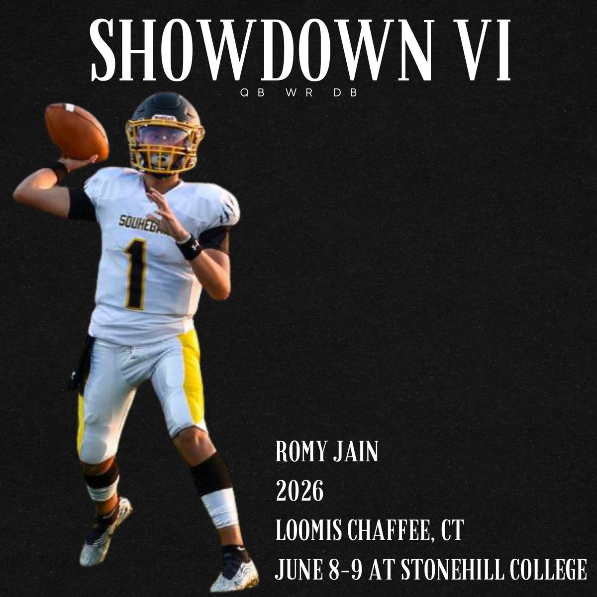 Excited to have 2026 @RomyJain2 compete June 8-9 at @StonehillFB Hudl: hudl.com/video/3/150651… Romy is a smooth passer with repeatable mechanics. He has had a ton of success as a record breaking QB in NH and now brings his talents to Loomis Chaffee as a reclass 2026.