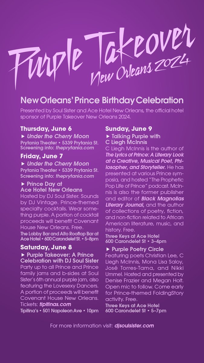 Mark your calendars! @redbeansista, author of our 2024 selection 'Black Creole Chronicles,' will read at Purple Poetry Circle, a tribute to the one and only Prince. 5:00-7:00pm on Sunday, June 9, at Three Keys inside @acehotel. #purpletakeovernola @djsoulsister
