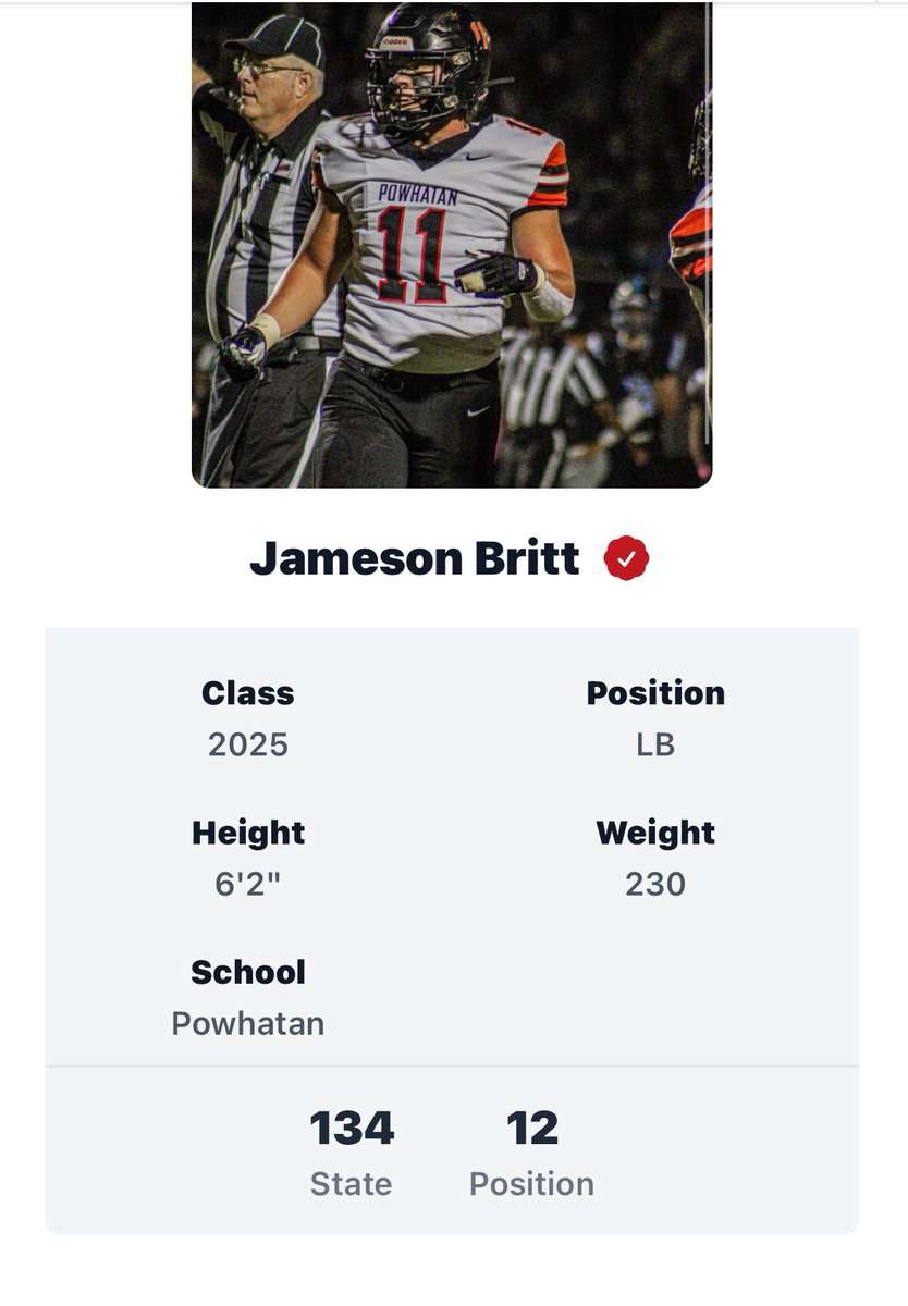 Thankful to be ranked by @PrepRedzone. 12th in the state of Virginia at the linebacker position. The best is yet to come. @PRZPAvic @carljfred @POWHS_Football