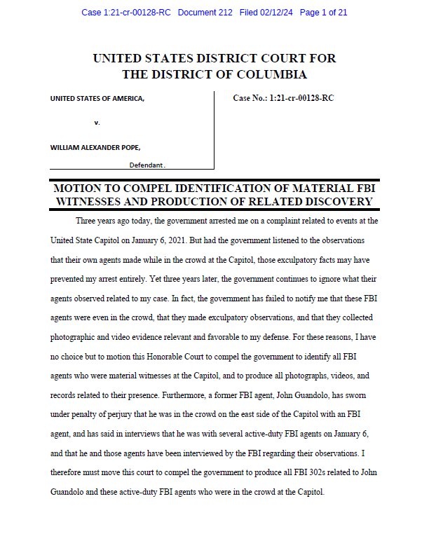 BREAKING: A motion has been filed by a man who was arrested to compel the government to identify active-duty FBI employees who were in the crowd at the Capitol with former FBI Liaison to Capitol Police John Guandolo on January 6 who he says has evidence that could have prevented…