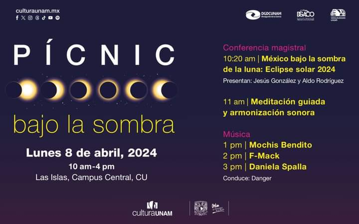 C_CulturaUNAM's tweet photo. Será en los años 2052 y 2078, cuando se registren eclipses solares totales visibles desde México.
Vive esta gran experiencia astronómica en "Pícnic bajo la sombra", conferencia, meditación, música y más. 
#GranEclipseMexicano2024 
8 de abril, 10 a 16 h, #islasdeCU 
#Eclipse2024 https://t.co/phrnfx0BHK