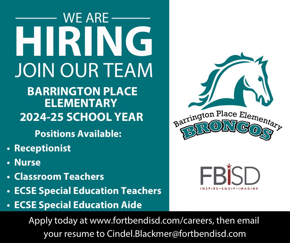 BPE_Broncos's tweet image. Come stop by our table at the @FortBendISD Job Fair tomorrow! We can’t wait to meet you!