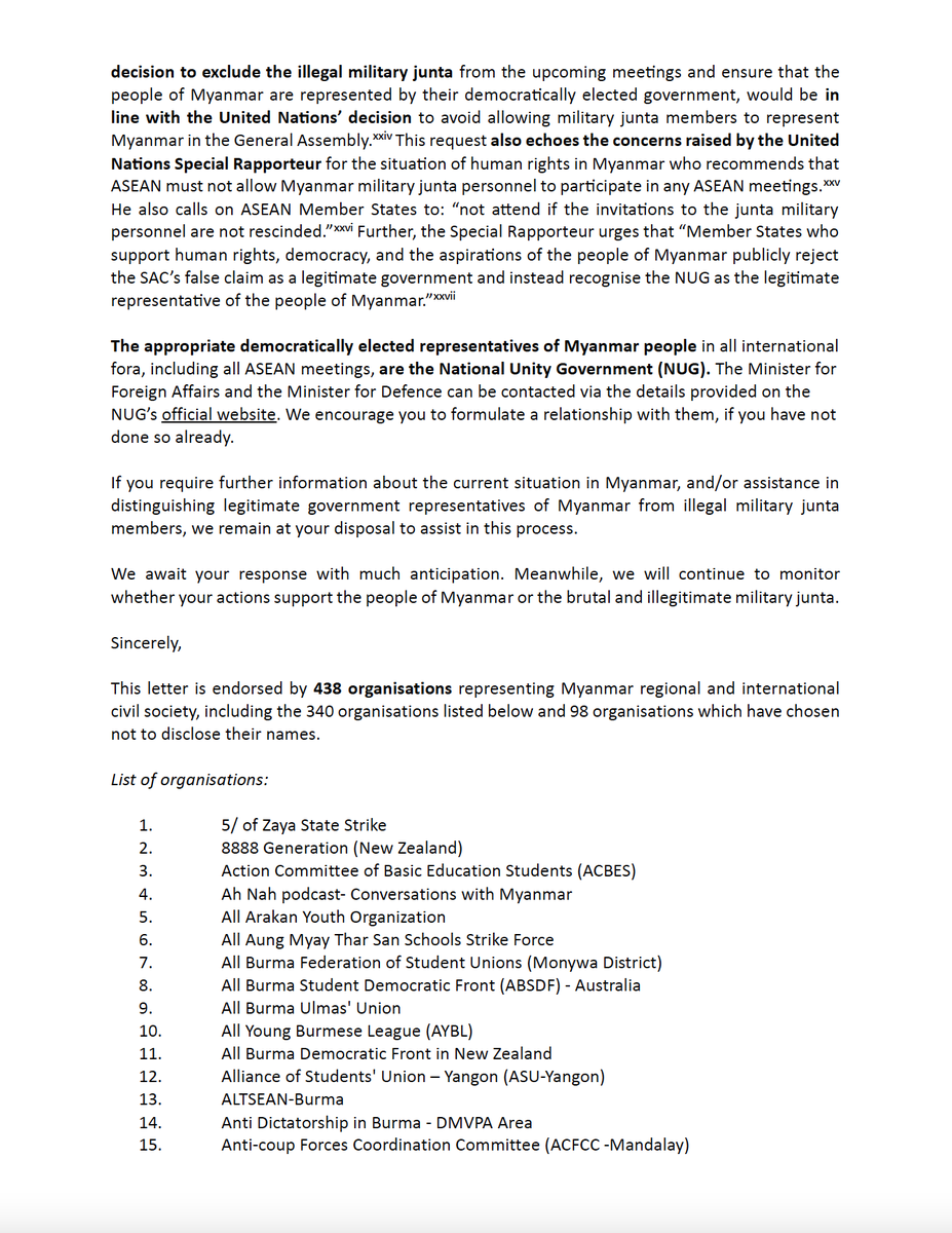 DemocracyMM's tweet photo. 📢 Today 438 #Myanmar civil society organisations sent this letter to New Zealand government ministers for foreign affairs and defence, calling for the ❌unelected, illegitimate and extremely violent Myanmar military junta to be banned from meetings led by New Zealand ❌ 🧵 1/3 https://t.co/6MegWLxbJH