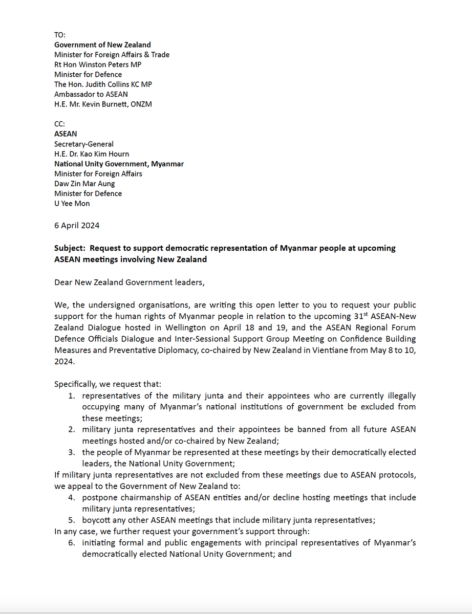 DemocracyMM's tweet photo. 📢 Today 438 #Myanmar civil society organisations sent this letter to New Zealand government ministers for foreign affairs and defence, calling for the ❌unelected, illegitimate and extremely violent Myanmar military junta to be banned from meetings led by New Zealand ❌ 🧵 1/3 https://t.co/6MegWLxbJH
