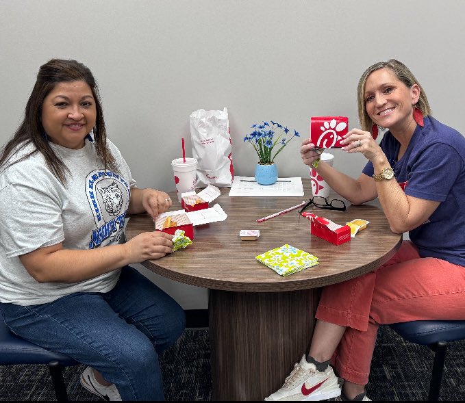 The best part of #APWeek was spending time with my partner, laughing until our belly hurts, and having her bring us @ChickfilA for breakfast this AM! Thanks for celebrating us, @Deb4change! 💛 @KirkElementary #CFISDSpirit