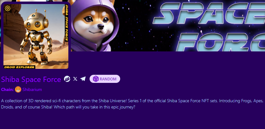 Shiba Space Force Series 1 NFT collection is now live on #Shibarium to mint! Listing on Mantra and NestX coming soon, as well as an upcoming staking pool for them on Marswap! Check us out and stay tuned for updates and more news! t.me/shibaspaceforce

ssforce.nfts2.me