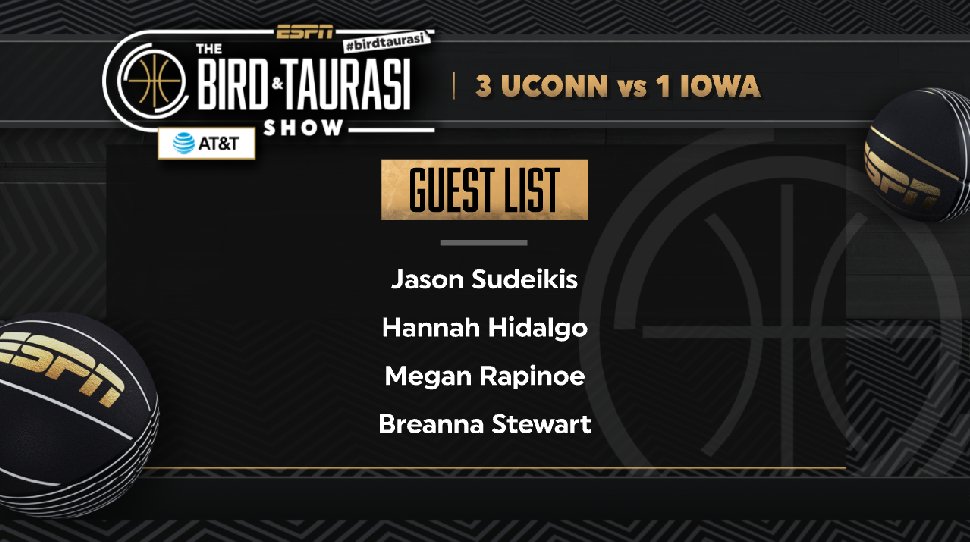 Special guests on deck for the 2nd #WFinalFour edition of 'The Bird &amp; Taurasi Show'

No. 3 <a href="/UConnWBB/">UConn Women’s Basketball</a> vs No. 1 <a href="/IowaWBB/">Iowa Women's Basketball</a>
🏀 Friday | 9:30p ET | ESPN2, <a href="/ESPNPlus/">ESPN+</a>

#BirdTaurasi
