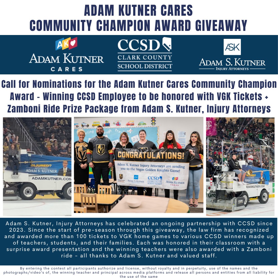 AdamSKutner's tweet photo. Here's your chance to nominate a @ClarkCountySch educator to win 2 tickets to the April 16th @GoldenKnights game, including a Zamboni ride during the game, courtesy of Adam S. Kutner!

To enter, follow @adamskutner and enter here: https://t.co/24sCvSzP8m 
#GoKnightsGo #VegasBorn https://t.co/Ch287ZFhDE