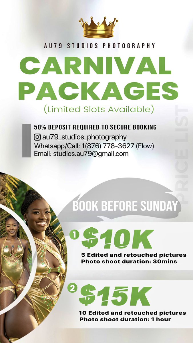 layne_michael79's tweet photo. Capture your special moments as you jump with your band! 🎉✨ Enjoy Au79 Studios' exclusive carnival photoshoot packages. Let us help you create memories that will last a lifetime! Book now and let the festivities begin!📸
#JamaicaCarnival ##Au79Studios #CarnivalinJamaica https://t.co/HyOqzQQtKD