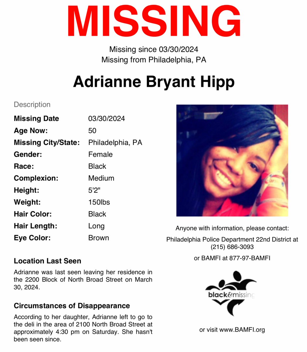 #Philadelphia, PA: On March 30, Adrianne Hipp, 50, left her home to go to the deli in the area of 2100 North Broad Street. She hasn’t been seen since. Have you seen Adrianne? #AdrianneHipp #Philly #Pennsylvania