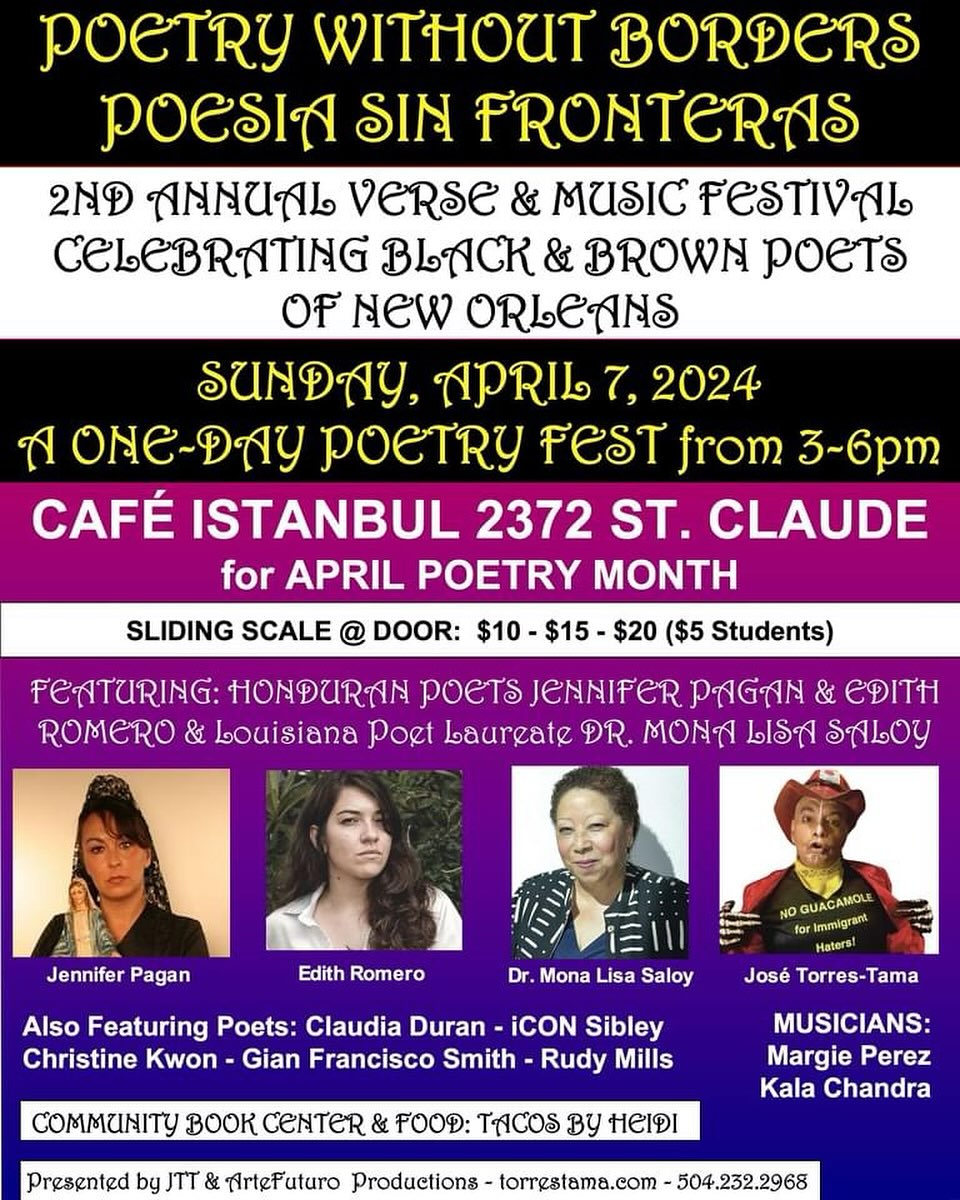 TODAY, @redbeansista, author of our 2024 selection 'Black Creole Chronicles,' is part of the Poetry Without Borders / Poesia Sin Fronteras festival at Cafe Istanbul from 3-6pm. #reading #poetry #NationalPoetryMonth #onebookonenola #obono24