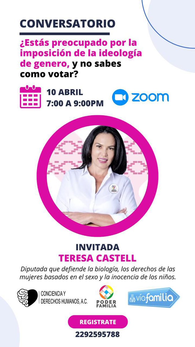 No se pierdan mi Conversatorio contra la imposición de la ideología de género. ¡Es hora de defender a nuestra familia! 📲 Regístrate en el 2292595788. ¡Nos vemos el 10 de abril a las 19:00h! 💪🔥 #sinmiedoadefenderte #Conversatorio #IdeologíaDeGénero