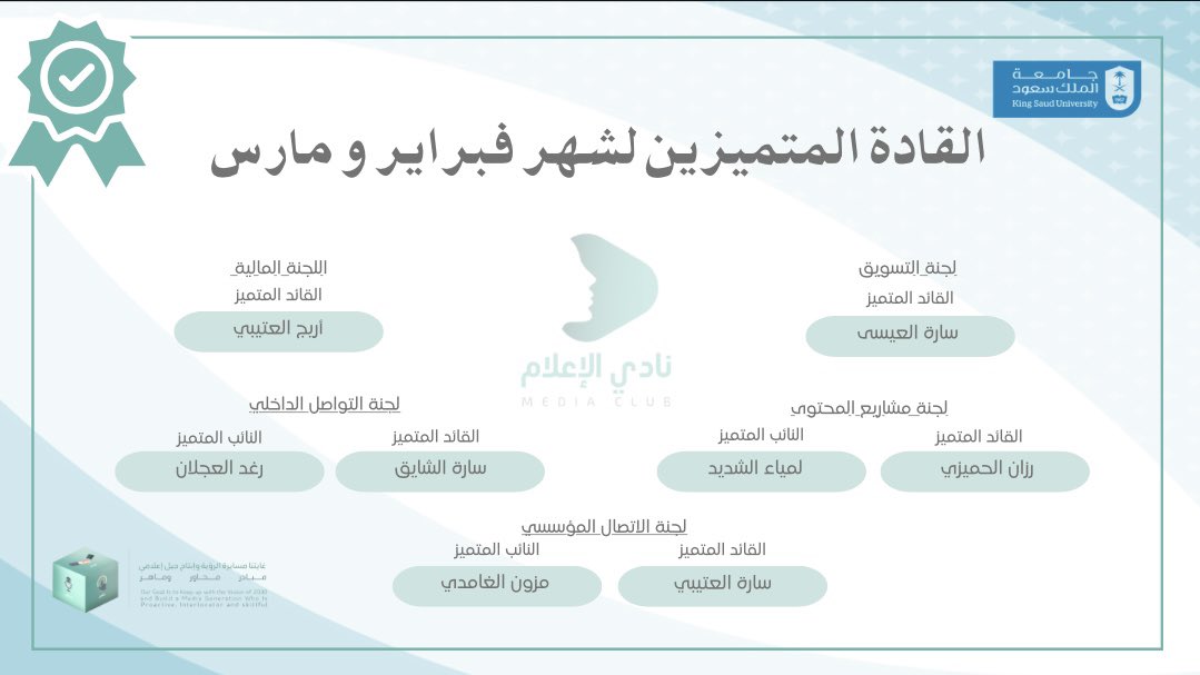 MediaClub_'s tweet photo. القادة المتميزون هم الذين يلهمون ويحفزون الآخرين لتحقيق أفضل ما في أنفسهم.
نبارك لقادتنا المتميزين على إنجازاتهم الرائعة هذه الاشهر. 
والتأكيد، لا نستطيع تحقيق أهدافنا دون مساهمة الأعضاء المميزين. 
نشكر جميع الأعضاء المميزين على جهودهم وتفانيهم. https://t.co/HT3QqhOCS0