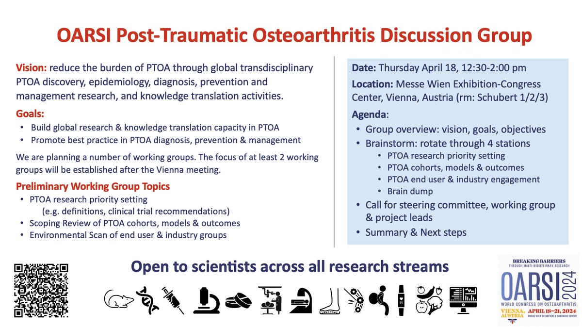 Don't miss the inaugural <a href="/OARSInews/">OARSI</a> Post-Traumatic OA (PTOA) Discussion Group meeting at #OARSI2024 in Vienna

Follow this link for more information &amp; to express your interest (even if you can't attend in person) bit.ly/3U5rBlz