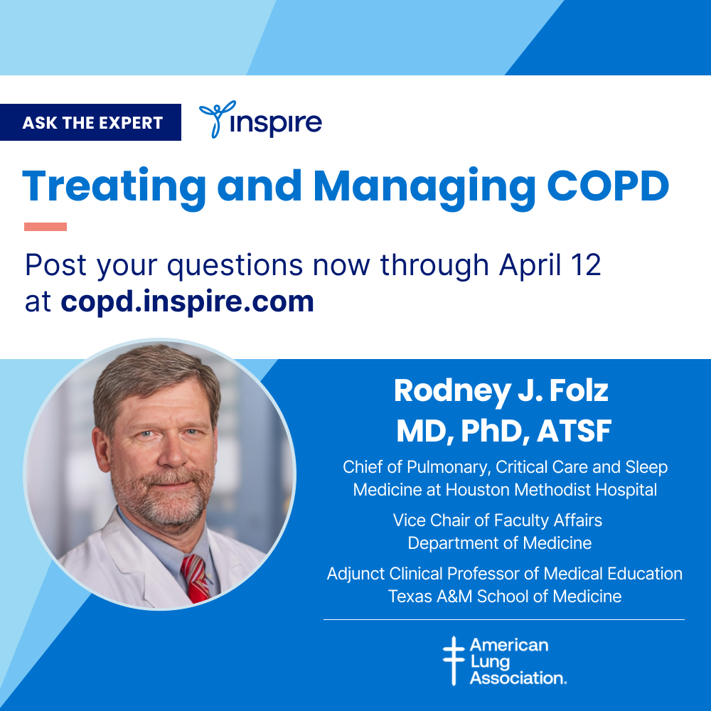 Living with COPD? Connect with a supportive community on Inspire and mark your calendar for our upcoming Ask the Expert session the week of April 8th hosted by Dr. Rodney Folz. Dr. Folz will be answering questions about managing your COPD. Visit: on.lung.org/4aBYtYw