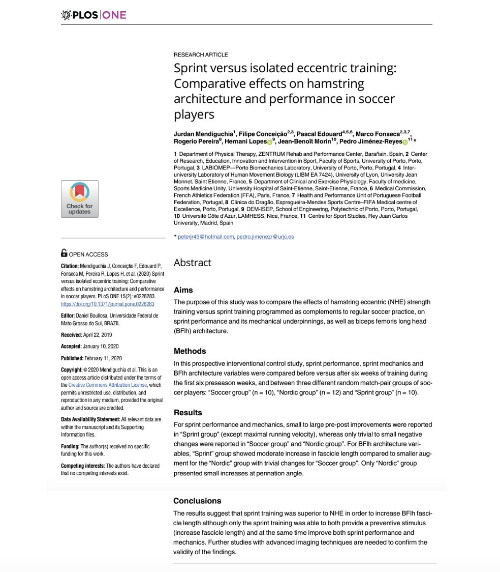 🔝Eccentric + sprint training, more effective? ▶️Adding a sprint program to regular⚽️training induced higher⬆️in Biceps Fem fascicle length than training NHE as a complementary exercise during 6-week preseason period 👉Mediguchia et al, 2020 📂Open Access: journals.plos.org/plosone/articl…